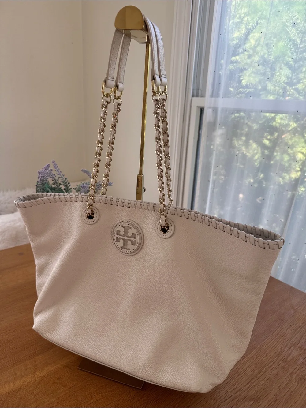Tory Burch White Leather Chain-Handle Tote with
